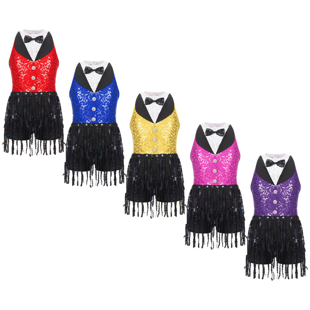 inhzoy Kids Girls Sequin Dance Dress Sleeveless Back Keyhole Boyshorts Sequin Tassel One-Piece Dancewear for Latin Jazz