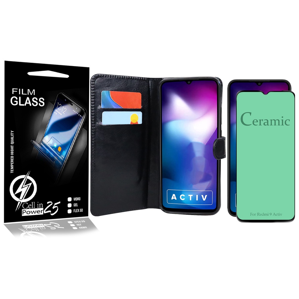 Capa Carteira + Película De CERÂMICA compatível Xiaomi Redmi 9 Activ 6.53 - Cell In Power25