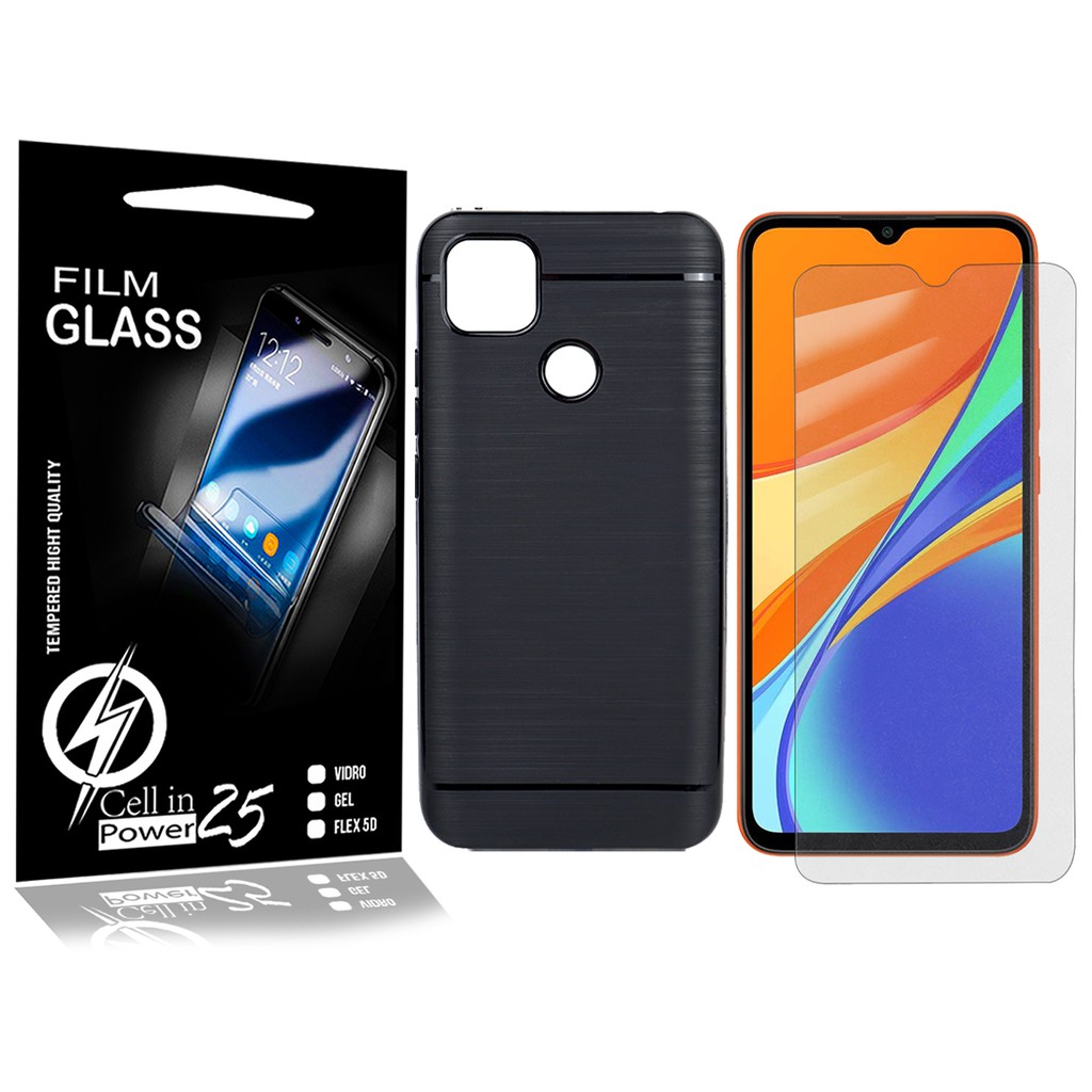 Capa Capinha Case Emborrachada Carbon Preta + Pelicula de vidro Xiaomi Redmi 9C / 9 activ / 9 India (Tela 6.53)