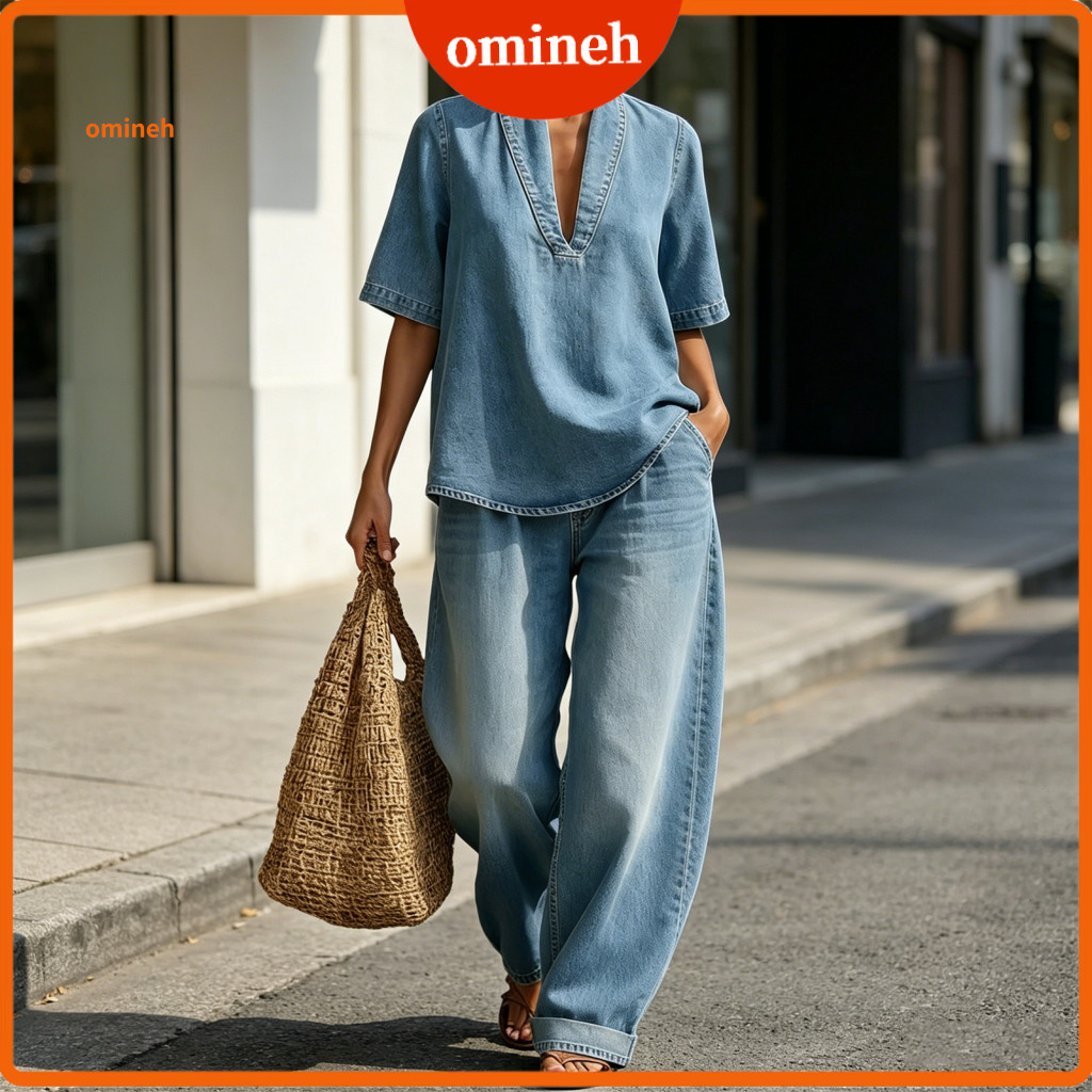 V-neck Short Sleeve Top Women Summer Outfit Women’s 2-piece Denim Set – V Neck Lapel Wide Leg Pants with Pockets Vac