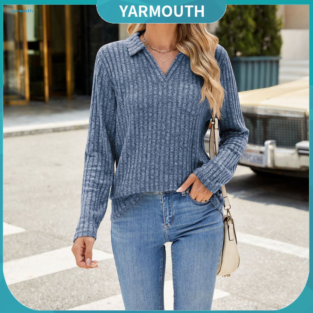 Solid Color Women Sweater Lapel Women’s V-neck with Chest Pocket Long Sleeve Ribbed Knit Top Lightweight Pullover for