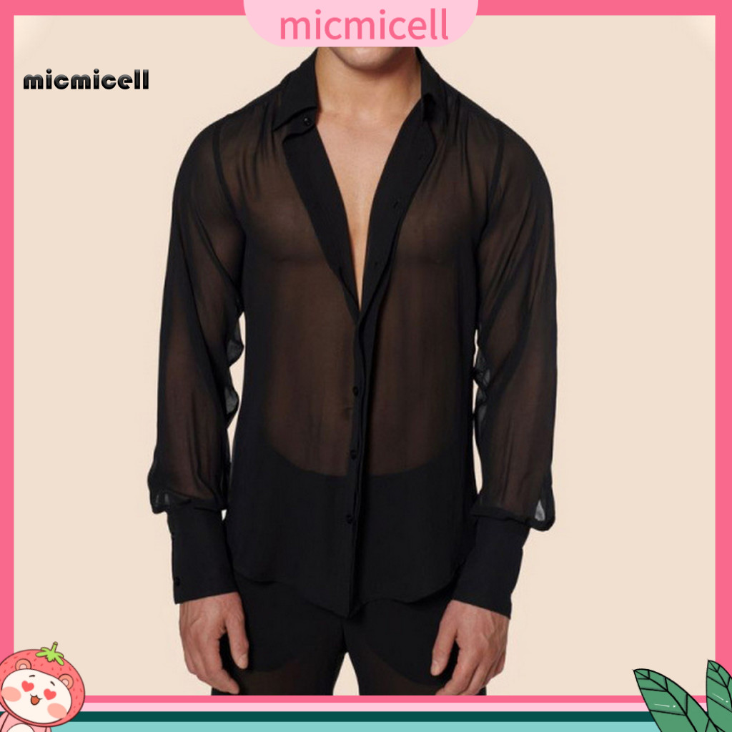 Lapel Long Sleeve Shirt for Men Turn-down Collar Clubwear Men's Black Mesh Transparent See-through V-neck Blouse Thin Si