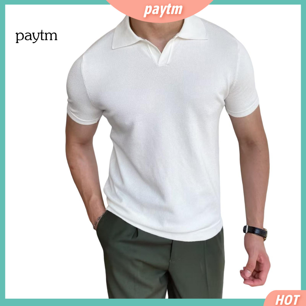 Lapel Design Shirt Men T-shirt Men's Summer Short Sleeve V Neck Turn-down Collar Loose Fit Mid-length Pullover Solid Col