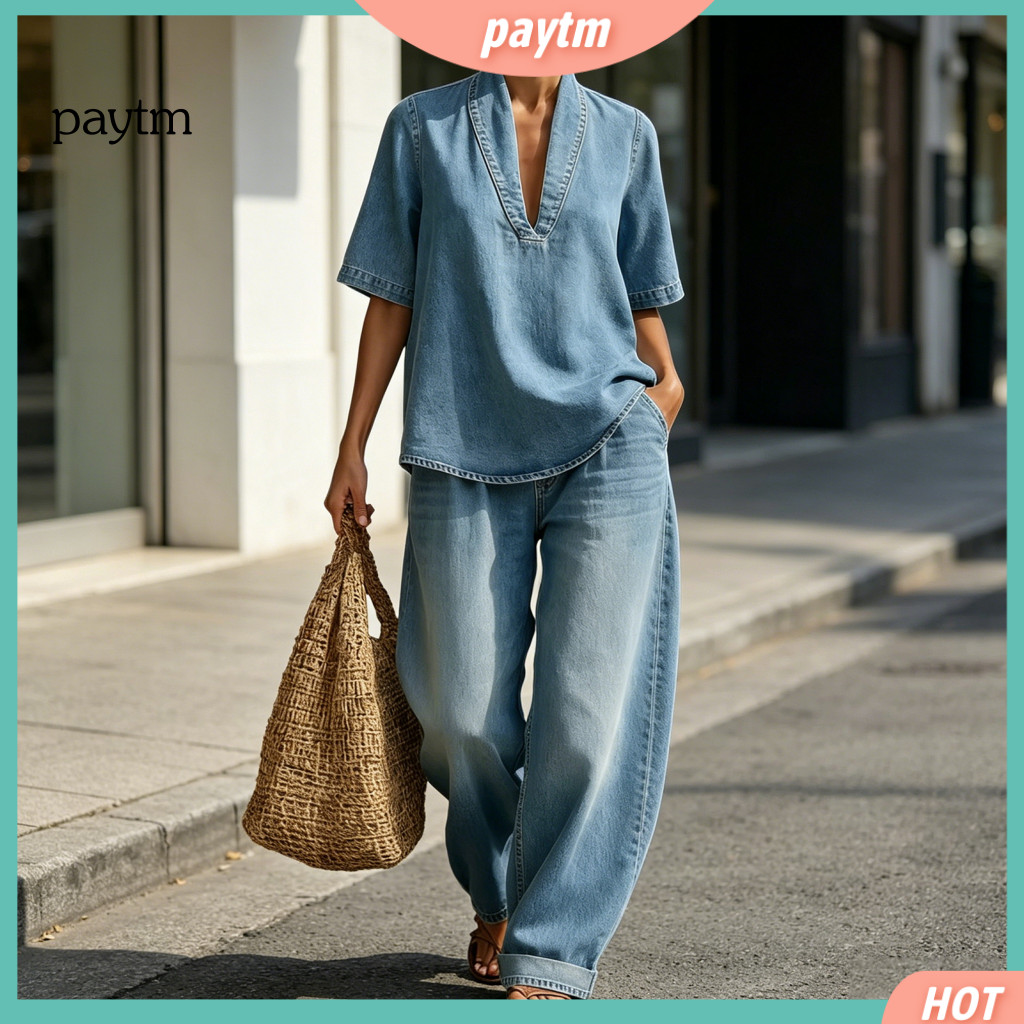 Women Work Outfit Summer Two-piece Denim Set Women’s 2-piece – Short Sleeve V Neck Lapel Top Wide Leg Pants with Poc