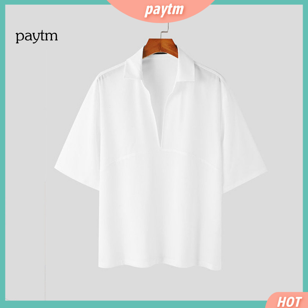 Casual Men T-shirt Classic White Tee for Men's Summer Deep V-neck Short Sleeve Loose Fit Lapel for Streetwear Daily Wear