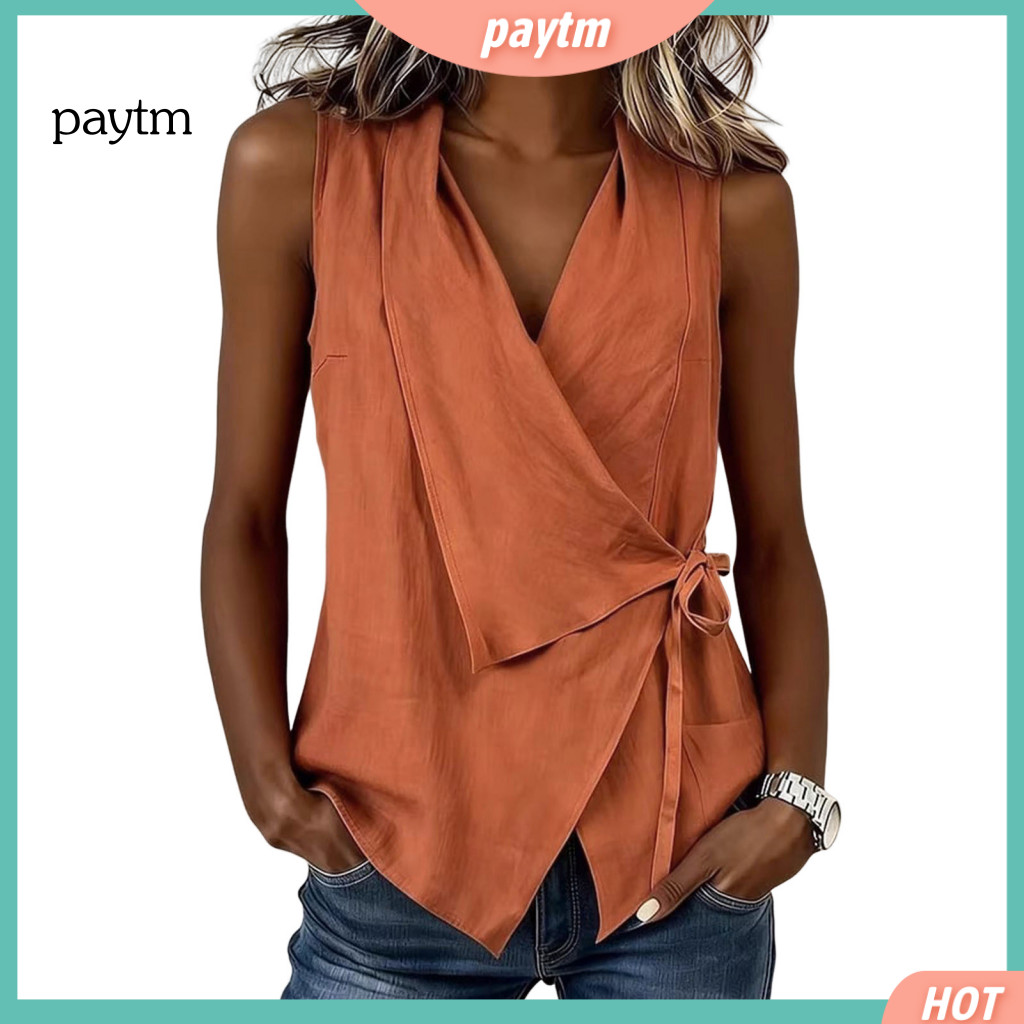 Women Vest Skin-friendly Women’s V-neck Top with Lapel Collar Side Bandage Design Regular Fit Shirt for Work Parties D