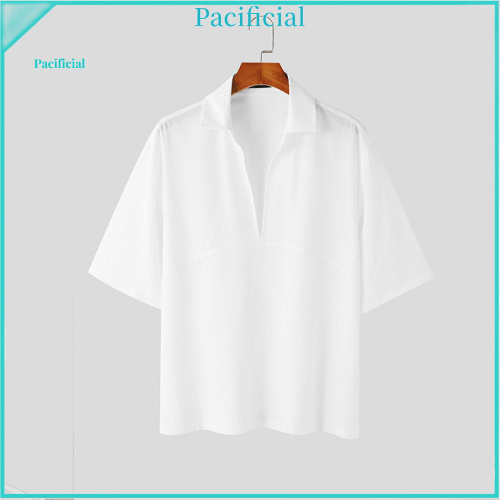 Men Lapel T-shirt White Short-sleeve Tee for Men's Summer Deep V-neck Short Sleeve Casual Loose Fit for Streetwear Daily