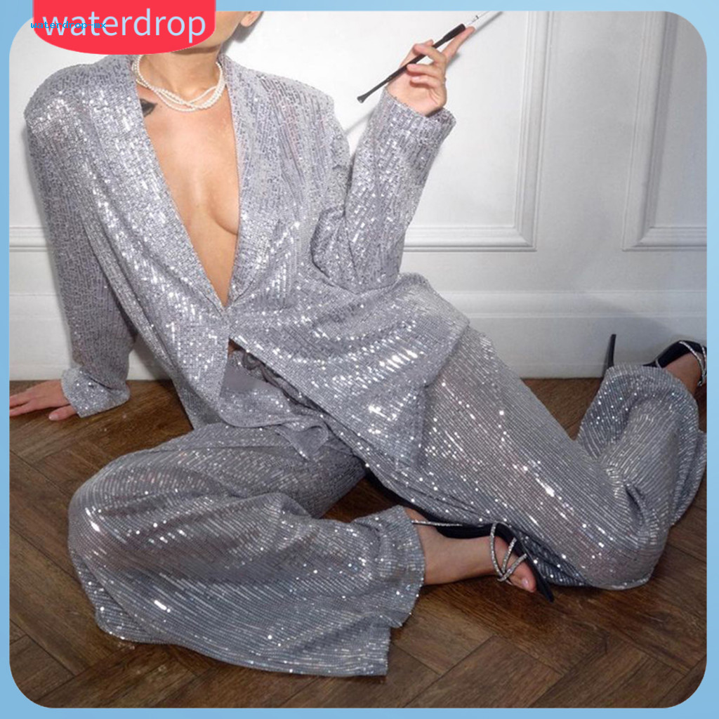 Women’s Sequin Shirt Wide Leg Oversized Pants Set Lapel V Neck Mid-length Coat Baggy Long Sleeve Top Stylish Party Clu