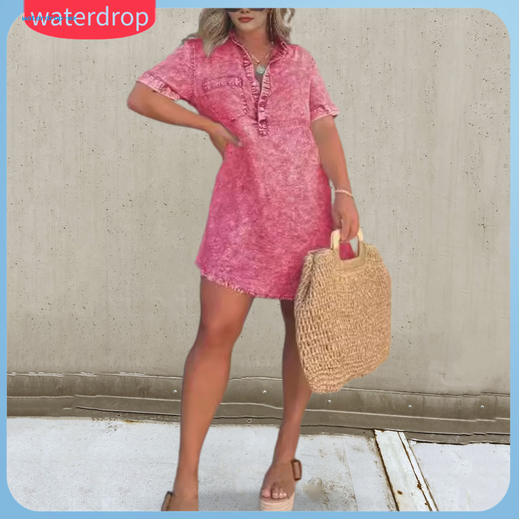 Women’s Summer Denim Dress Lapel V Neck Ripped Hem Short Sleeves A-line Mini with Chest Pocket Loose Fit Above Knee Le