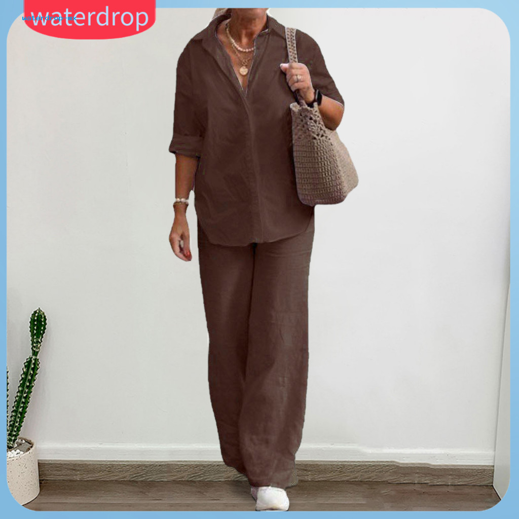 2 Pcs Plus Size Women’s Shirt and Pants Set – Loose Lapel V Neck Top with Mid-length Long Sleeves Elastic Waist Wide