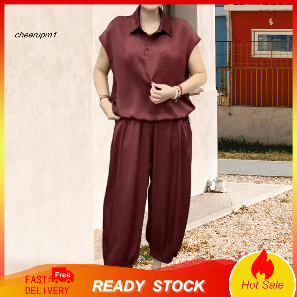 Solid Color Outfit for Women Loose Fit Clothing Set Women’s Summer Two-piece – Lapel V-neck Short Sleeve Top Long Pa