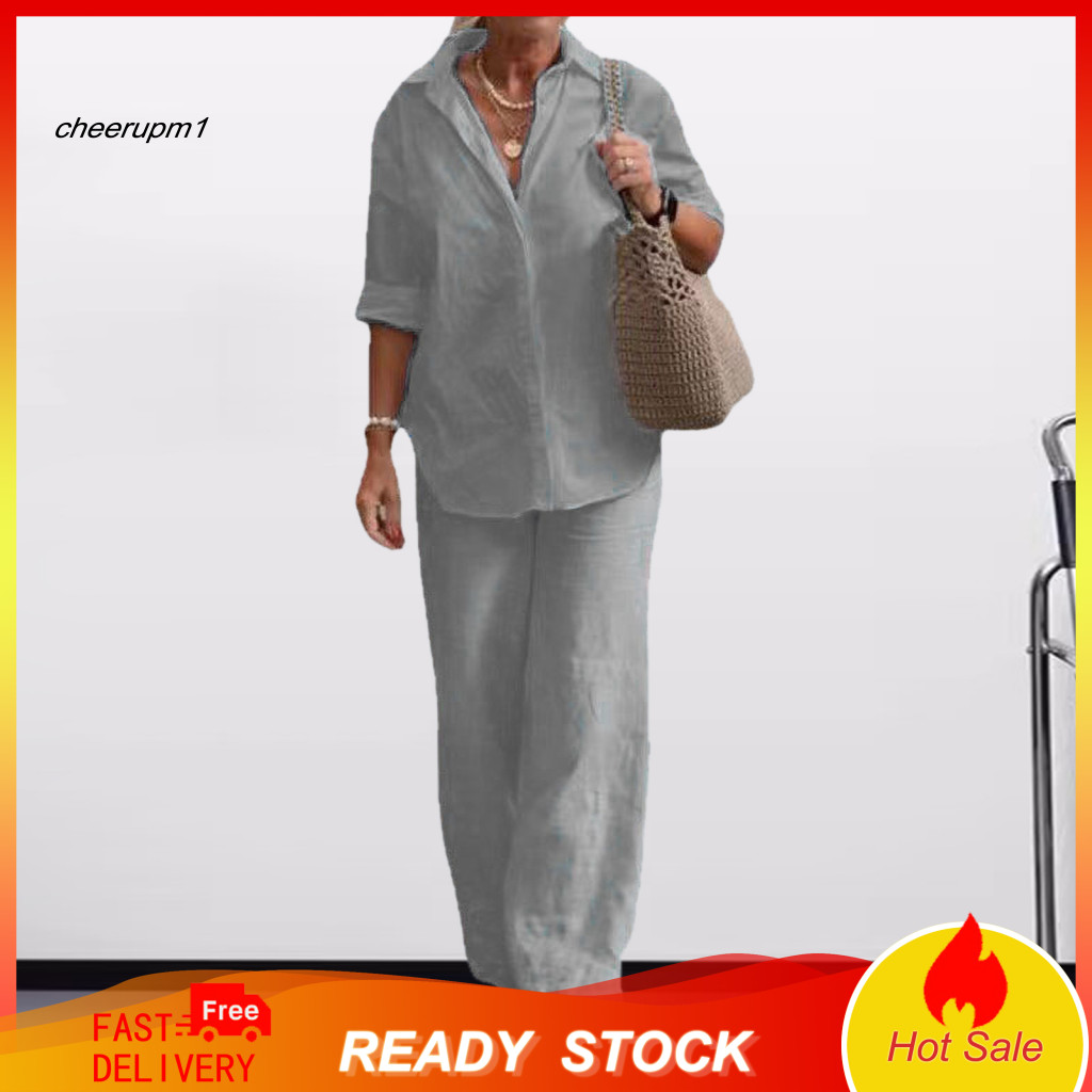 Long-sleeve Shirt Trousers Set Women Pants Suit 2 Pcs Plus Size Women’s and – Loose Lapel V Neck Top with Mid-length