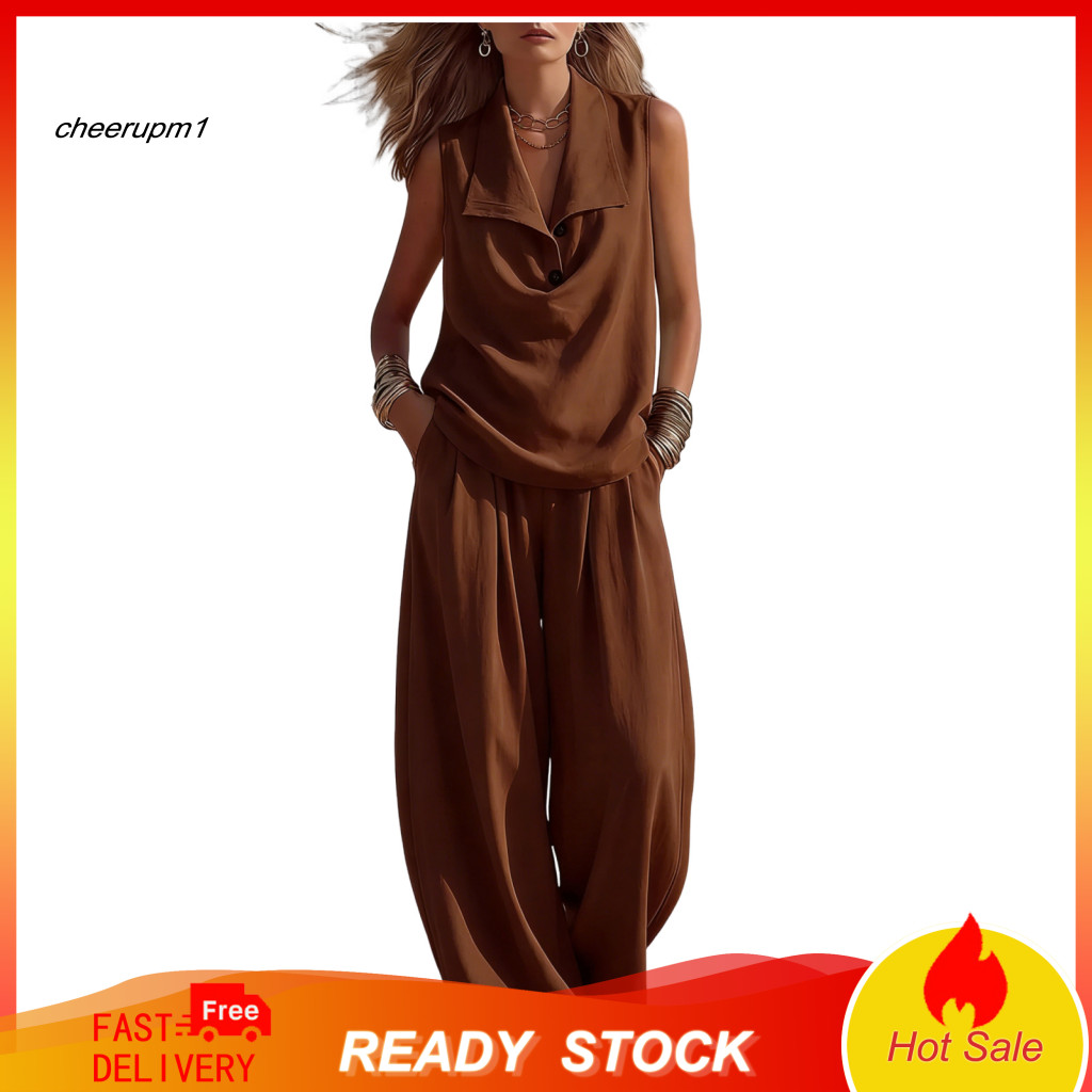 Pleated Front Dress Tropical Climate Clothing Women’s Summer 2-piece Set – Button-up Lapel V-neck Top Wide Leg Pants