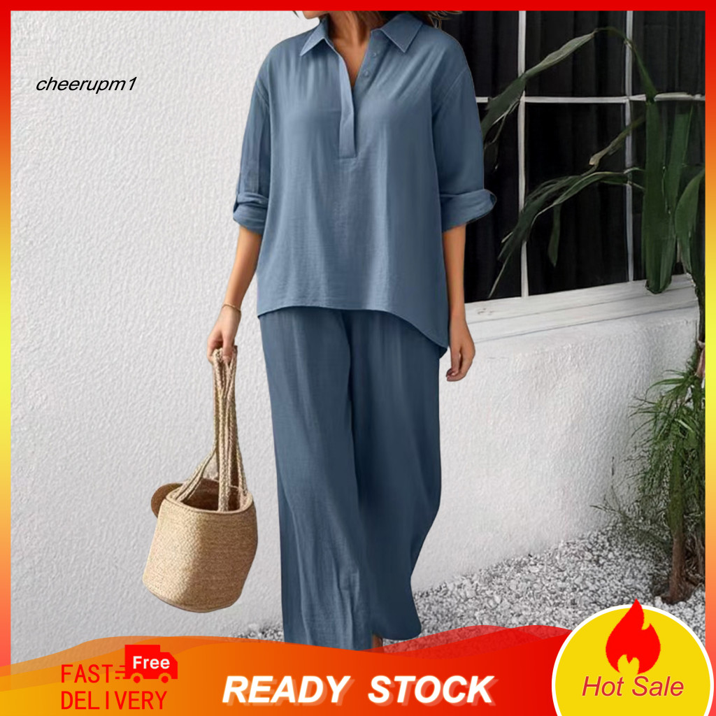 High-quality Cotton Linen Ensemble Women Two Piece Set Women’s Summer 2-piece – Lapel V Neck Short Sleeve Top Wide L