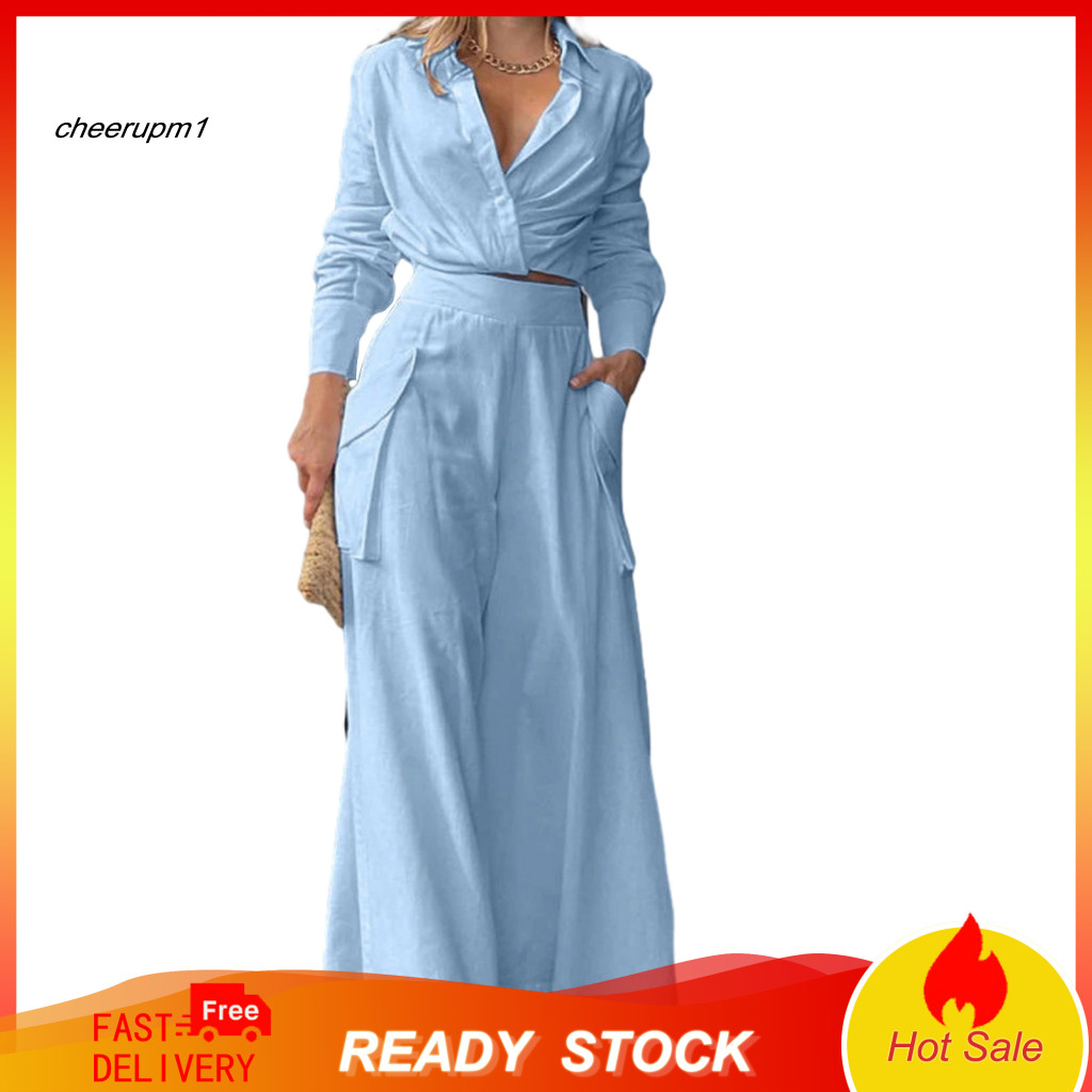 Women Two-piece Suit Lightweight Polyester Women’s 2-piece Set – Long Sleeve Lapel V-neck Crop Top Wide Leg Pants Pe