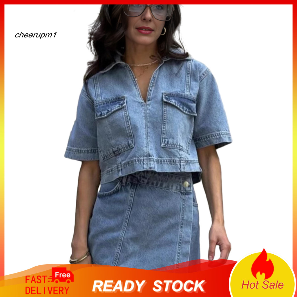 Women Denim Two-piece Set Style Suit for Women’s 2-piece Summer Outfit – Short Sleeve Lapel V Neck Crop Top High Wai