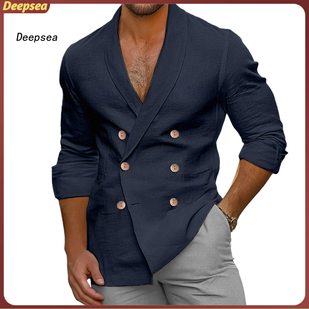 Men's Summer Spring V-neck Double-breasted Slim Fit Cotton Blend Shirt Solid Color Lapel for Business Office Casual Wear