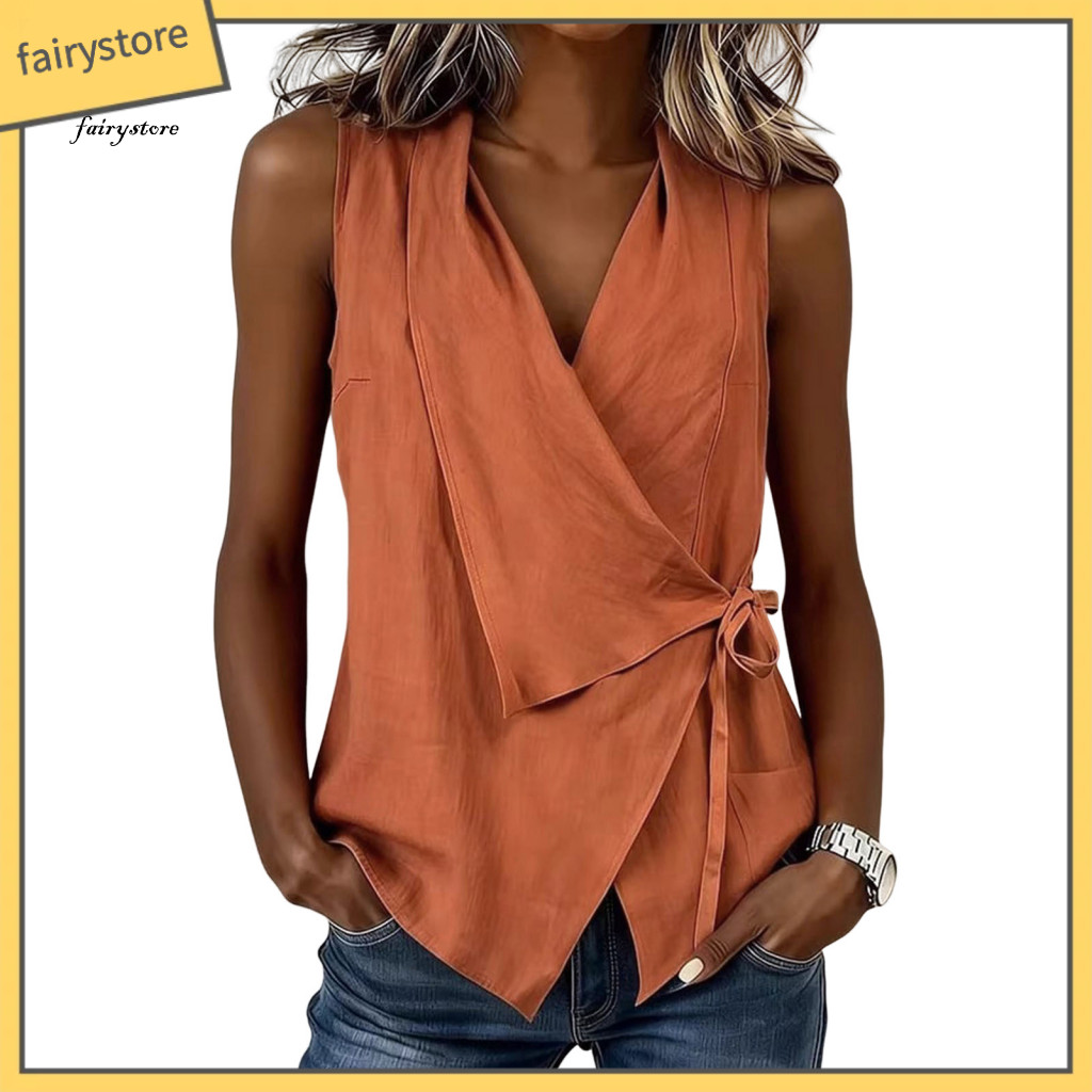 Women Shirt Summer Vest Women’s V-neck Top with Lapel Collar Side Bandage Design Regular Fit for Work Parties Dates an