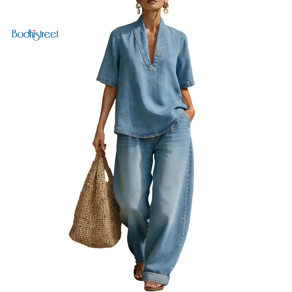Wide-leg Denim Trousers V-neck Short Sleeve Top Women’s Summer 2-piece Set – V Neck Lapel Wide Leg Pants with Pocket