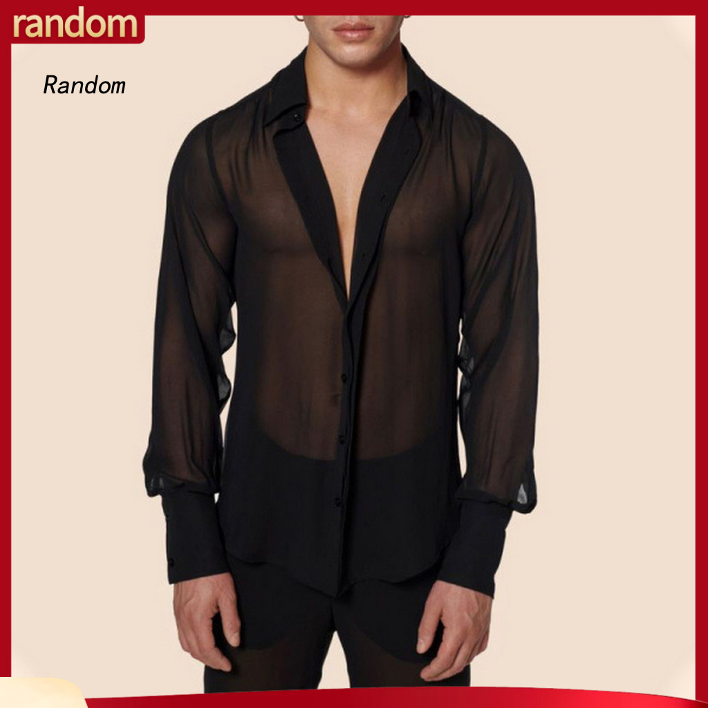 Lapel Long Sleeve Shirt for Men Fashion Men's Black Mesh Transparent See-through V-neck Blouse Thin Single-breasted Part