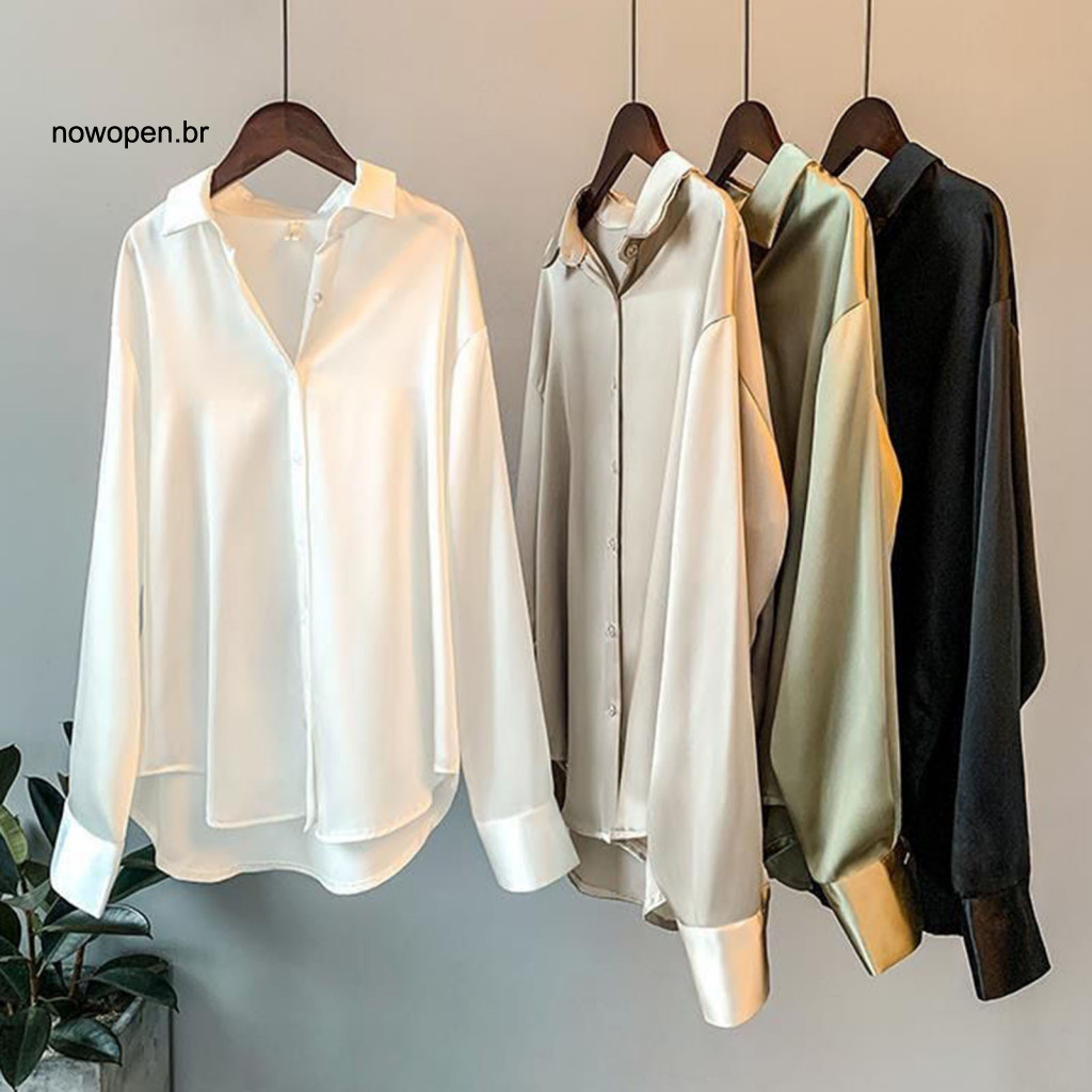 V-neck Long Sleeve Top Women Satin Shirt Women’s Lapel Collar Single Breasted Loose Fit Blouse Solid Color Versatile f
