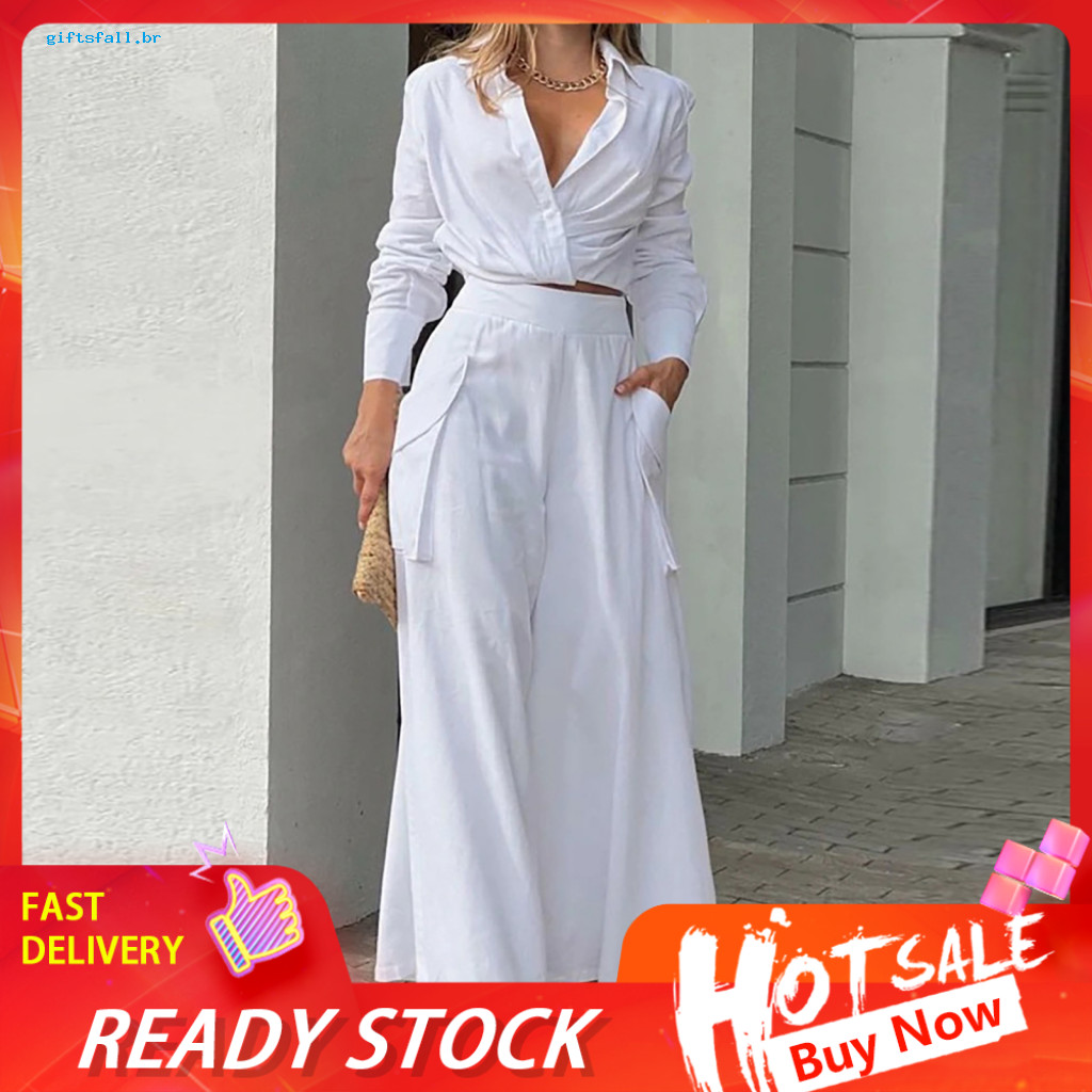Women Two-piece Suit Breathable Clothing Women’s 2-piece Set – Long Sleeve Lapel V-neck Crop Top Wide Leg Pants Perf