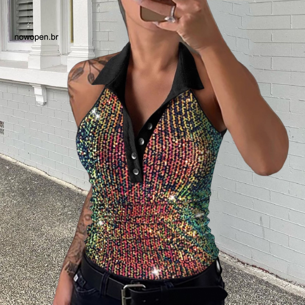 Sparkling Sequin Vest Lapel Women’s Shiny Top Off-shoulder V-neck Tank for Parties Clubs Holidays – Stylish Evening