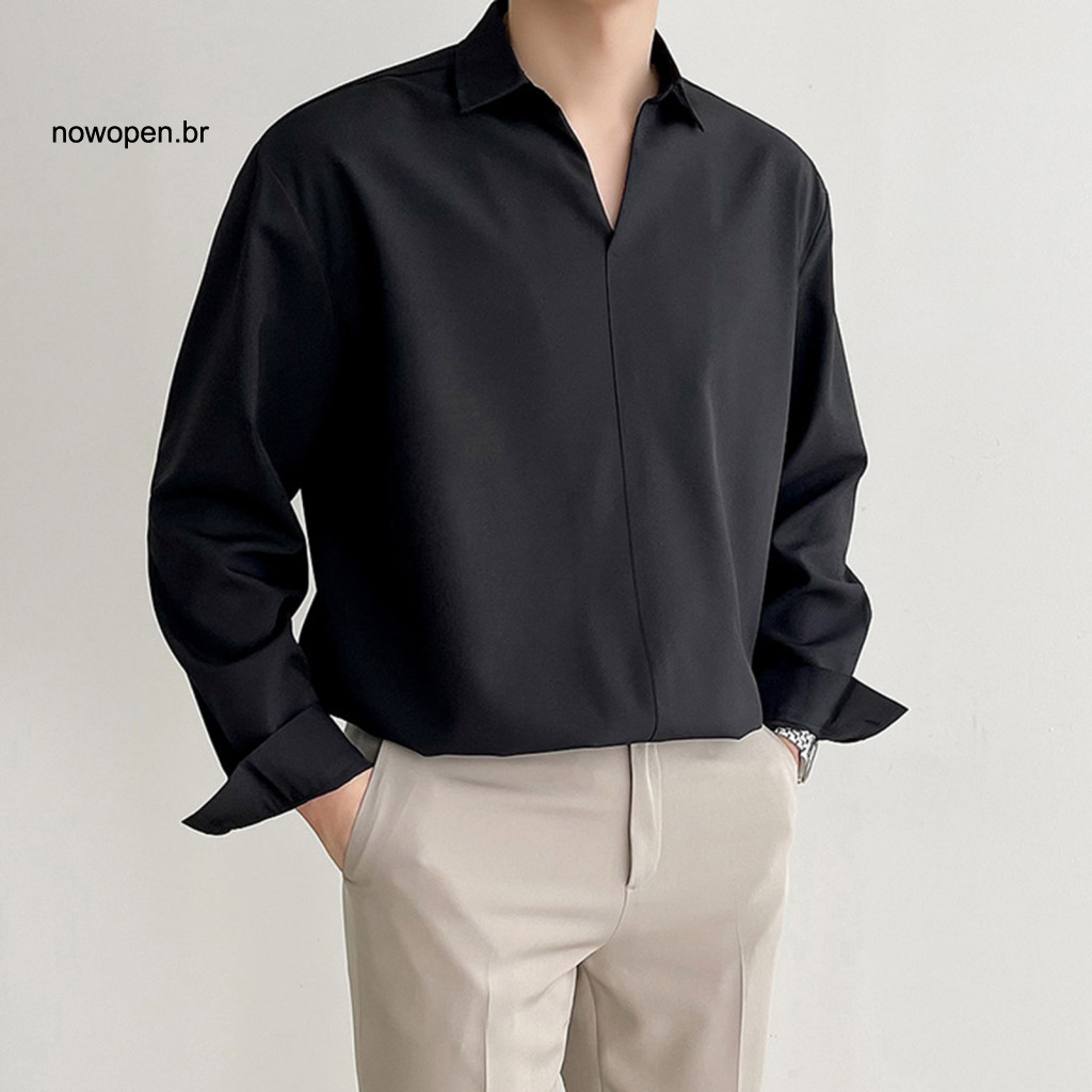 V-neck Men Shirt Casual Men's Spring Autumn V Neck Lapel Silky Loose Fit Formal Office Pullover Business Long Sleeve Top