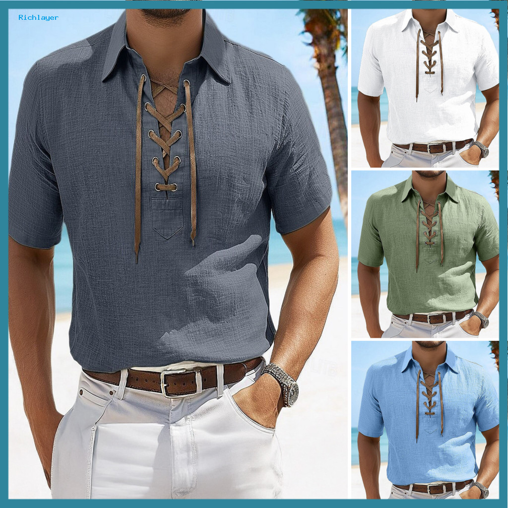 Comfortable Short-sleeve Top for Men Solid Color Men's Summer Casual V-neck Lace-up Short Sleeve T-shirt Lapel Tee for D