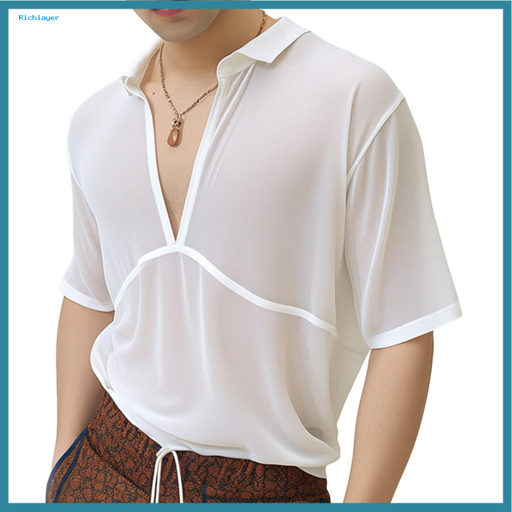 White Short-sleeve Tee for Men Comfortable T-shirt Men's Summer Deep V-neck Short Sleeve Casual Loose Fit Lapel for Stre