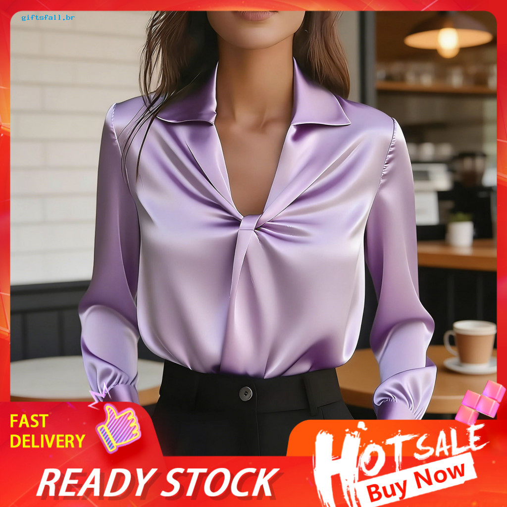 Women Shirt Regular Fit Tops Women’s Satin Long Sleeve Pullover Top – V-neck Lapel Knot Pleated Design Smooth for We