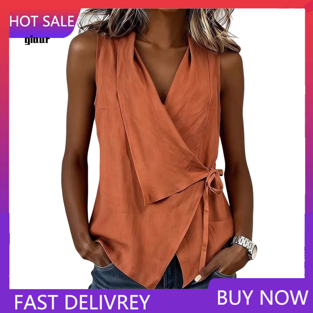 Summer Vest Women Shirt Women’s V-neck Top with Lapel Collar Side Bandage Design Regular Fit for Work Parties Dates an
