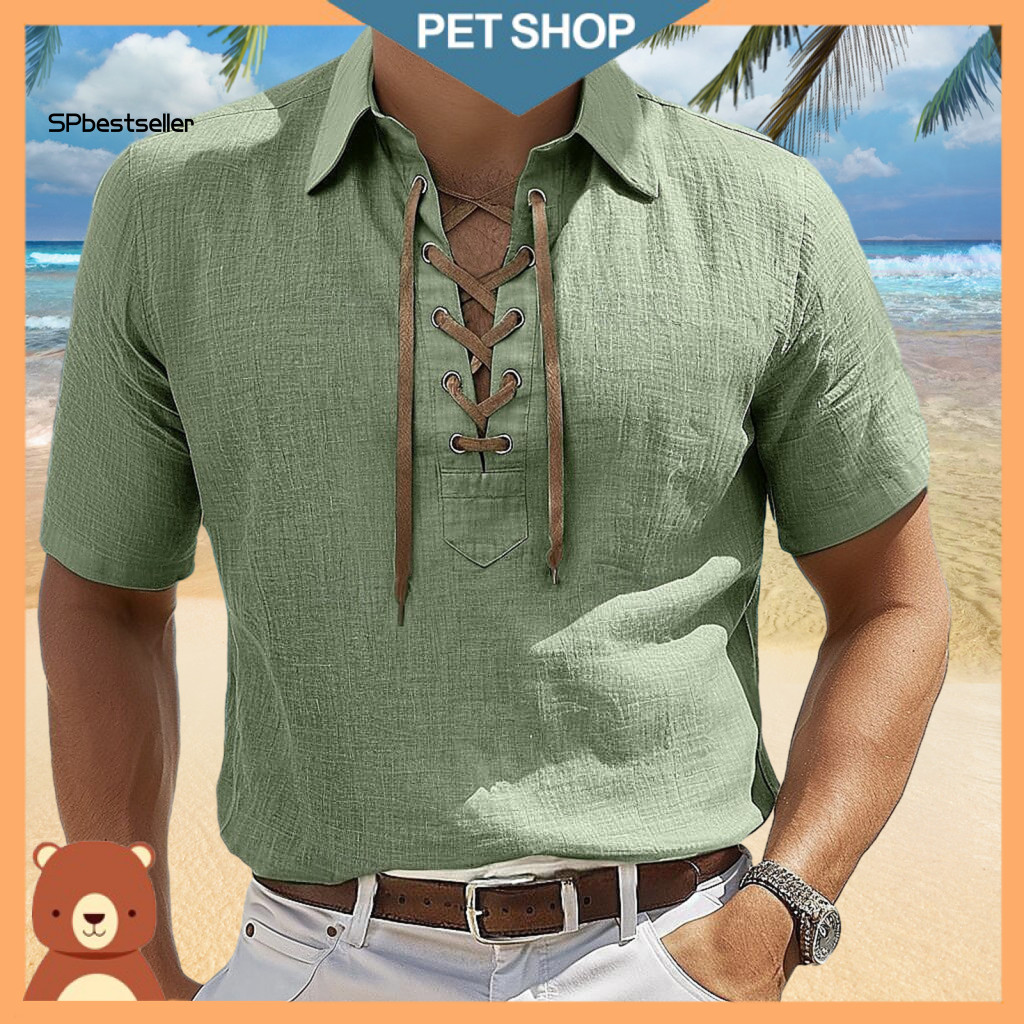 Casual Men Tee with V-neck Solid Color Top Men's Summer Lace-up Short Sleeve T-shirt Lapel for Daily Wear Work and Stree