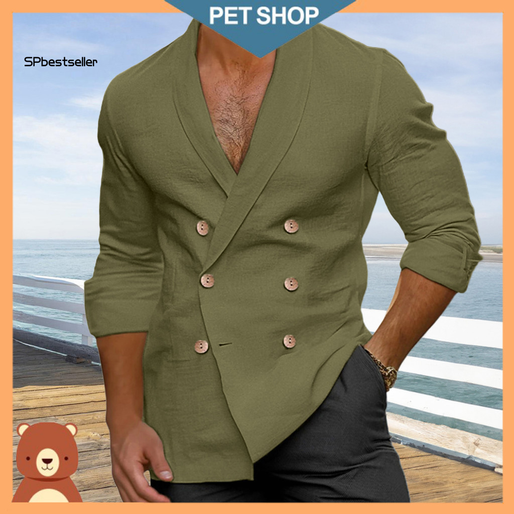 Double-breasted Spring Shirt Men Men's Summer V-neck Slim Fit Cotton Blend Solid Color Lapel for Business Office Casual