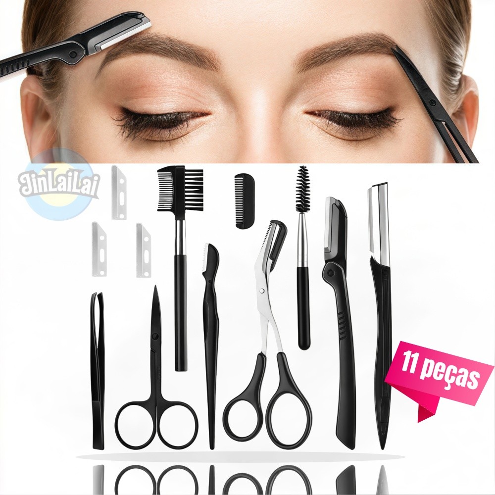 Kit de Aparador de Sobrancelha 11 Unidades Mulheres Inclui Facial Face Razors Eyebrow Escova Tesoura Pinça