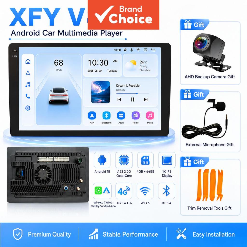 Xfy V8s Android 15 Car Player 4g Lte 8 Núcleos 4gb 64gb Carplay Sem Fio HD Display Rádio Para Carro