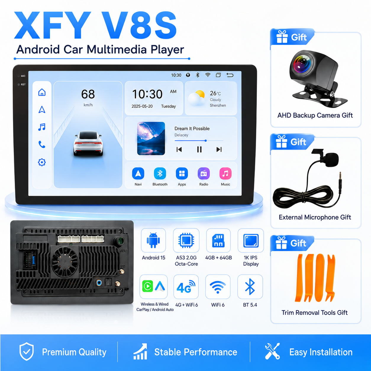 Xfy V8s Android 15 Car Player 4g Lte 8 Núcleos 4gb 64gb Carplay Sem Fio HD Display Rádio Para Carro