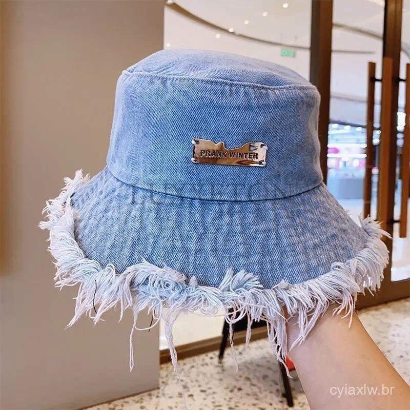 Summer Unisex Tassel Washed Denim Bucket Hats Fashion for Women Wide Brim Foldable Panama Cap Outdoor Beach Fisherman Ha