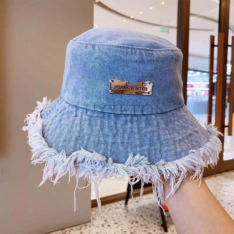 Summer Unisex Tassel Washed Denim Bucket Hats Fashion for Women Wide Brim Foldable Panama Cap Outdoor Beach Fisherman Ha
