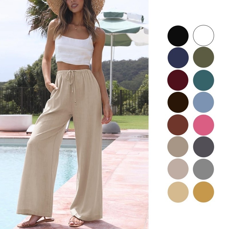16 Cores Calças De Linho De Perna Larga Para Mulheres Summer Plus Tamanho Loose Flowy High Waisted Beach Palazzo Longas