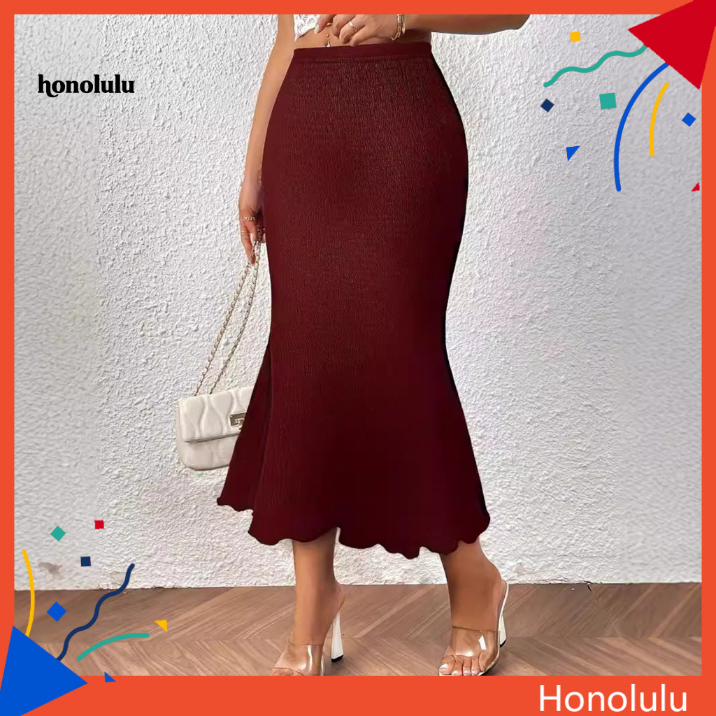 High-waisted Fishtail Skirt High Waist Knitted Midi for Women – Slim Fit Wrapped Mid-calf Length Solid Color Wear Perf
