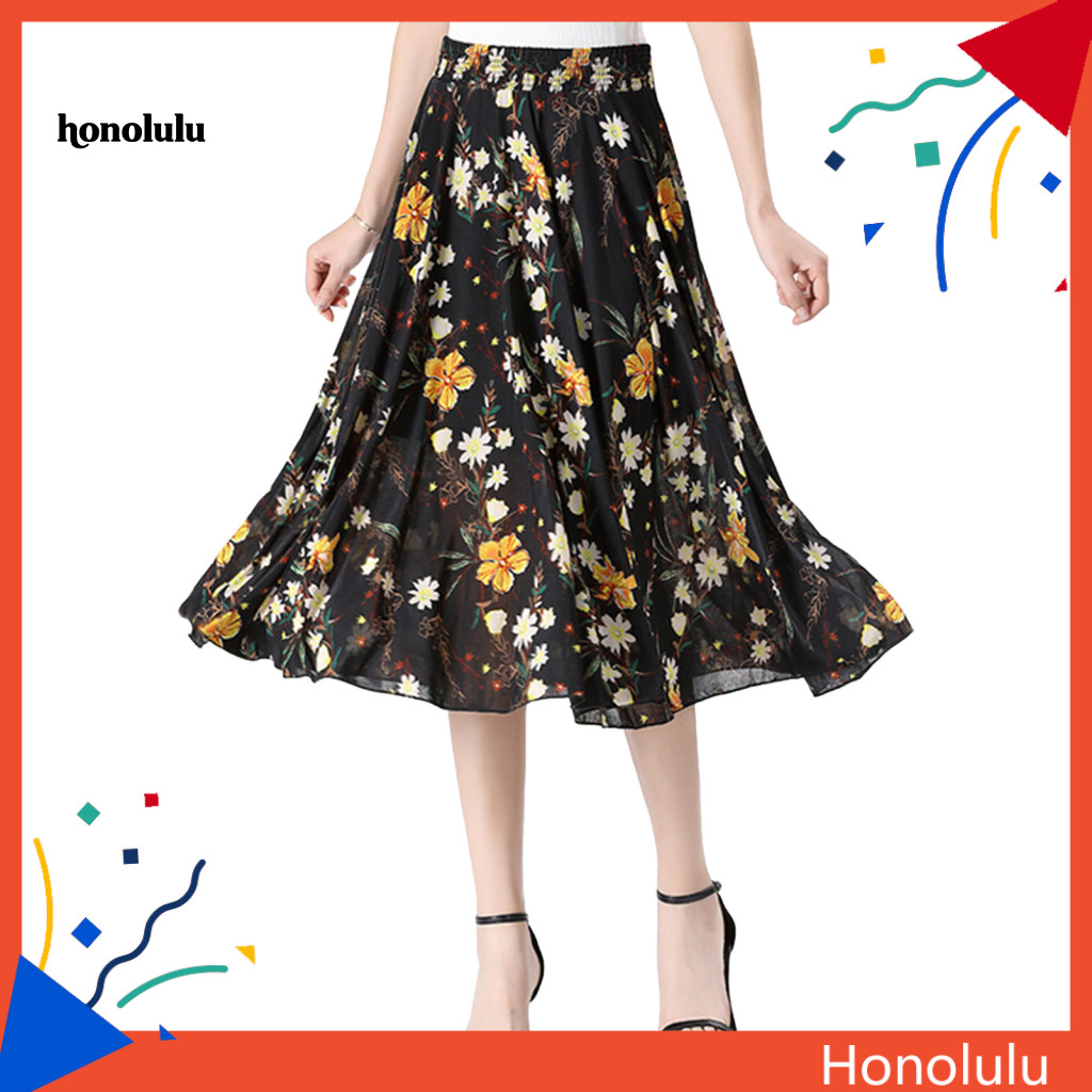 High-waist Skirt High-waisted Midi Women’s High Floral with Elastic Waistband Breathable A-line Design Mid-calf