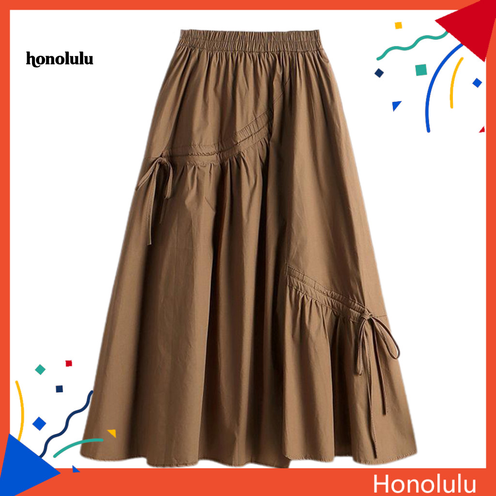 Women High-waisted Pleated Skirt Versatile Style Women’s Summer High Waist Elastic Solid Color A-line with Drawstring