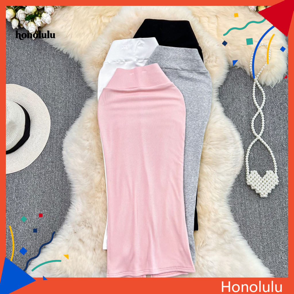 Women Skirt High-waisted Midi Women’s High Waist Pencil Solid Color Fishtail Design with Back Slit Hip-wrapped Office