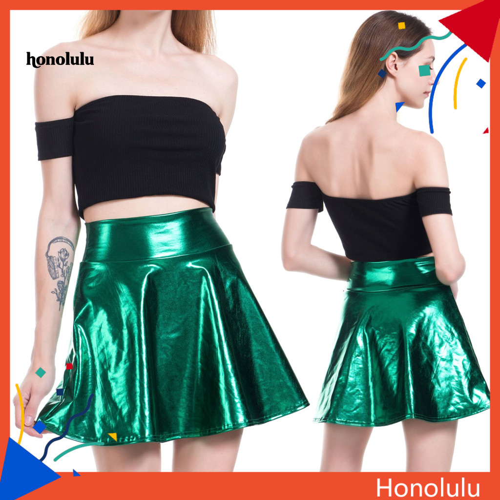 High-waisted Mini Skirt Women’s High Waist Glossy Shiny A-line Skater for Party Stage Show Clubwear – Trendy Short f