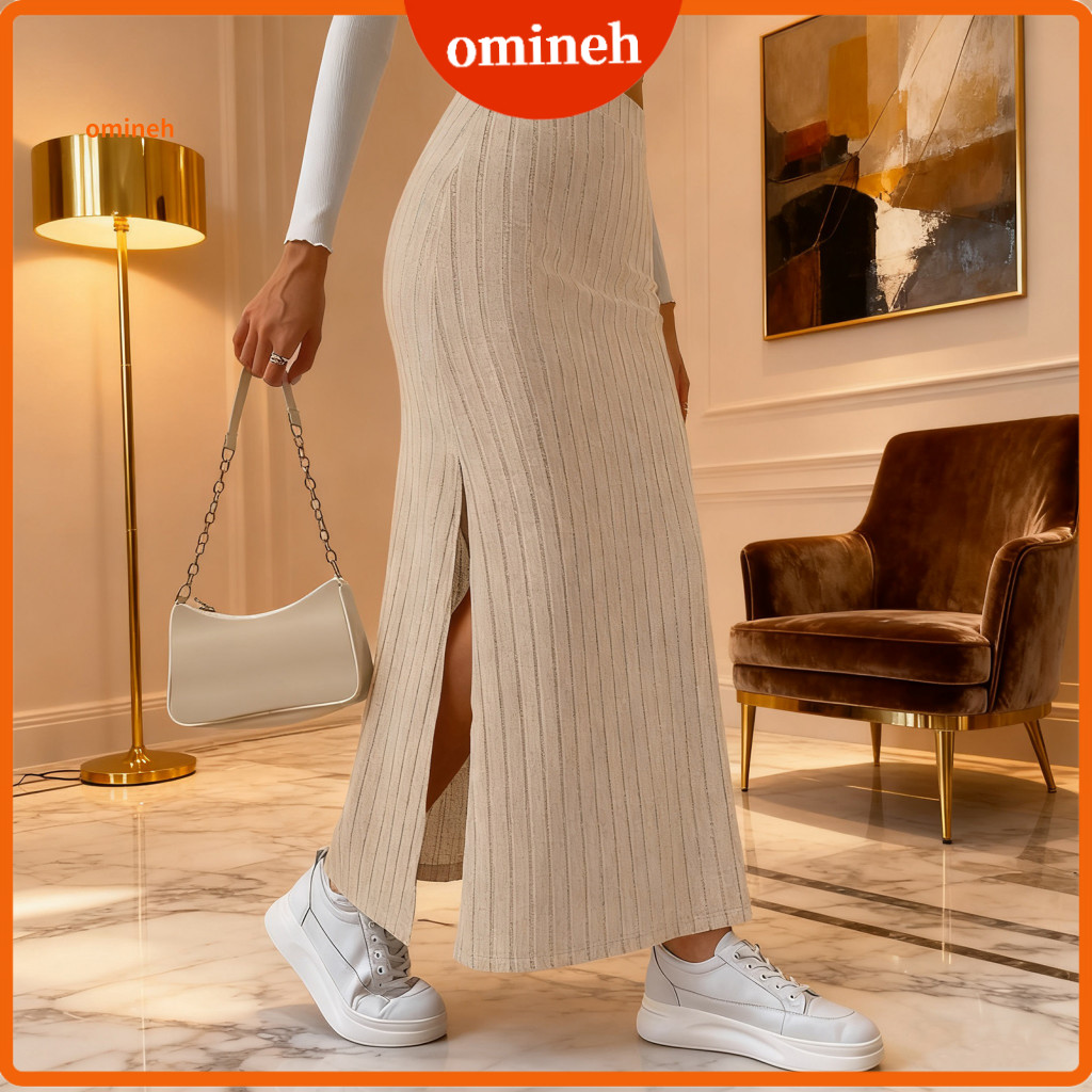 Long Skirt with Side Slits High-waisted Ribbed Maxi Solid Color for Women Hip-wrapped Autumn Winter Fashion Comfortable