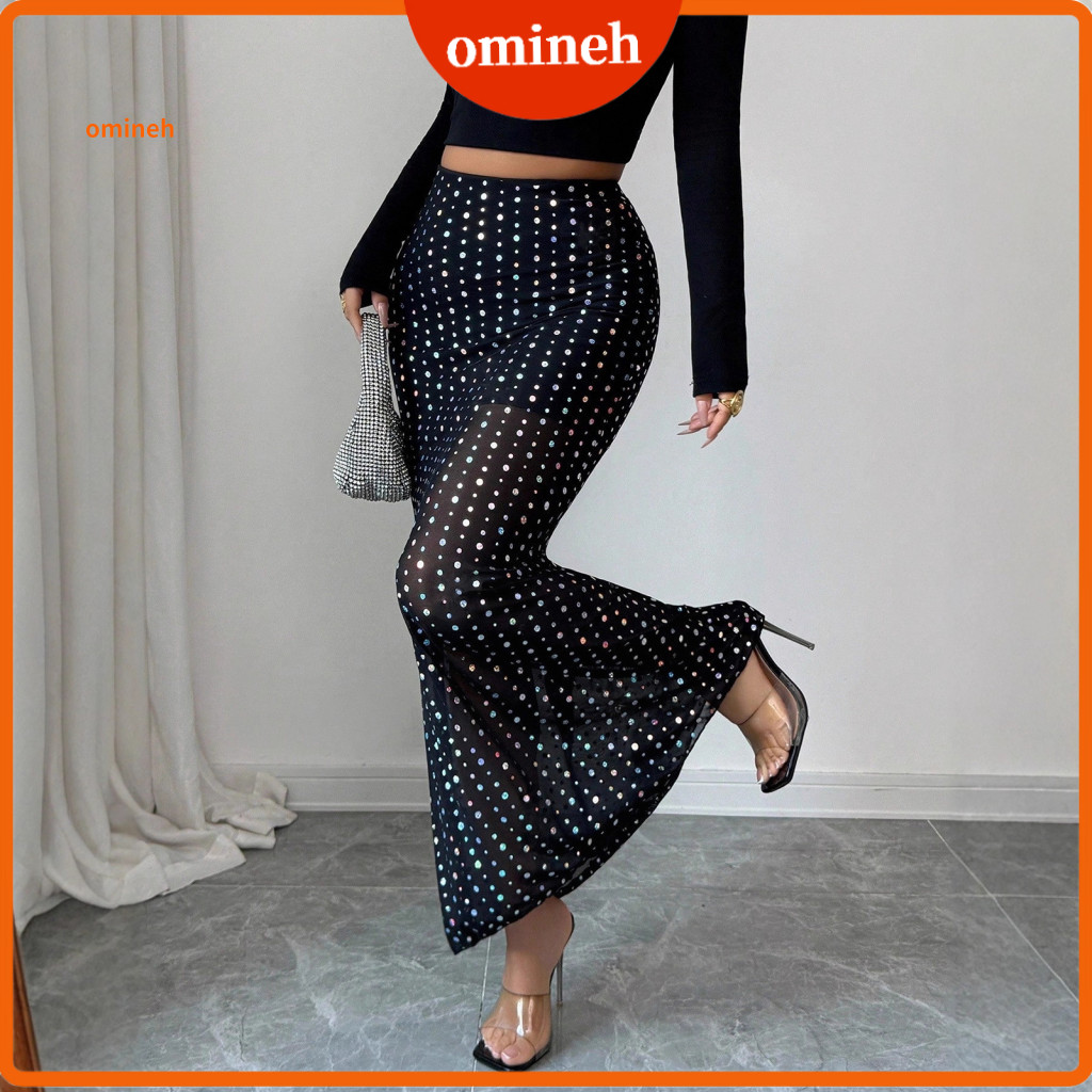 Bodycon High Waist Skirt Waisted Midi for Women Solid Color Sequin Decoration Double Layer Mesh Yarn Slim Fit Leg Shape