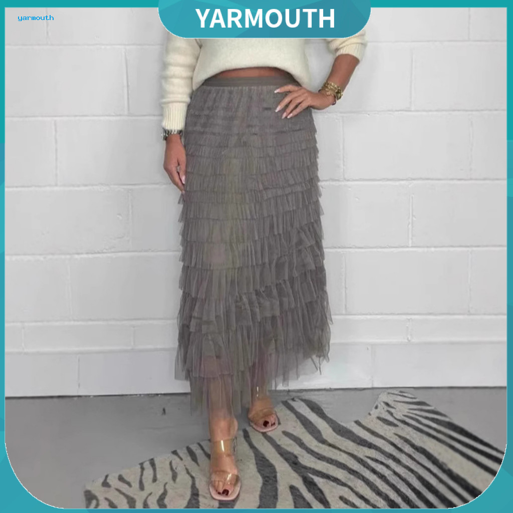 High-waisted Skirt Women’s High Waist Elastic Midi Multi-layer Mesh Yarn Solid Color Long Versatile and Stylish for Fo