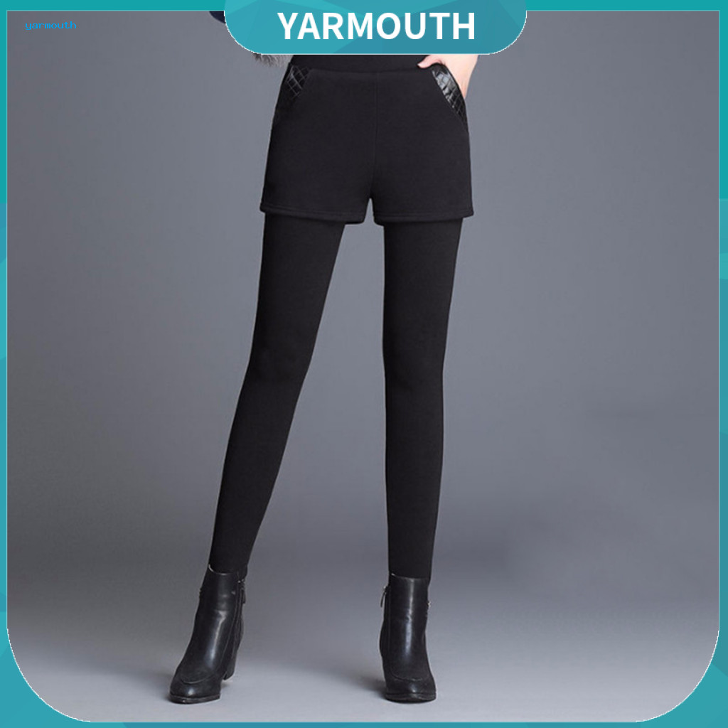 High-waisted Leggings Women Skort Women’s High Waist Warm with Faux Leather Pocket Slim Fit Cold-resistant Pants Styli