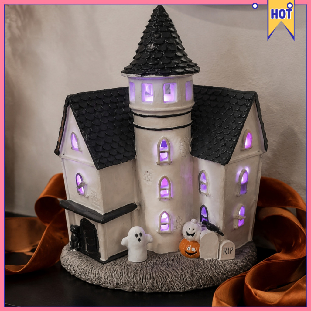 Vintage Halloween Light-up Cottage Decoration Ghost Pumpkin Village Led Resin Statue for Tabletop Bookshelf Mantel – R